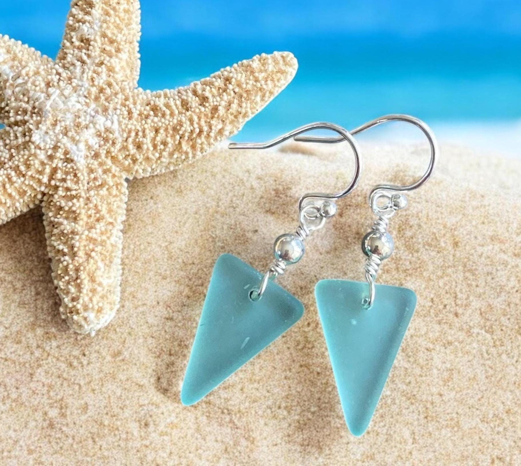 Seafoam Sea glass Triangle designed Earring in Sterling Silver, Wire Wrapped Sea Glass Earrings, Everyday Casual Dangling Earrings,