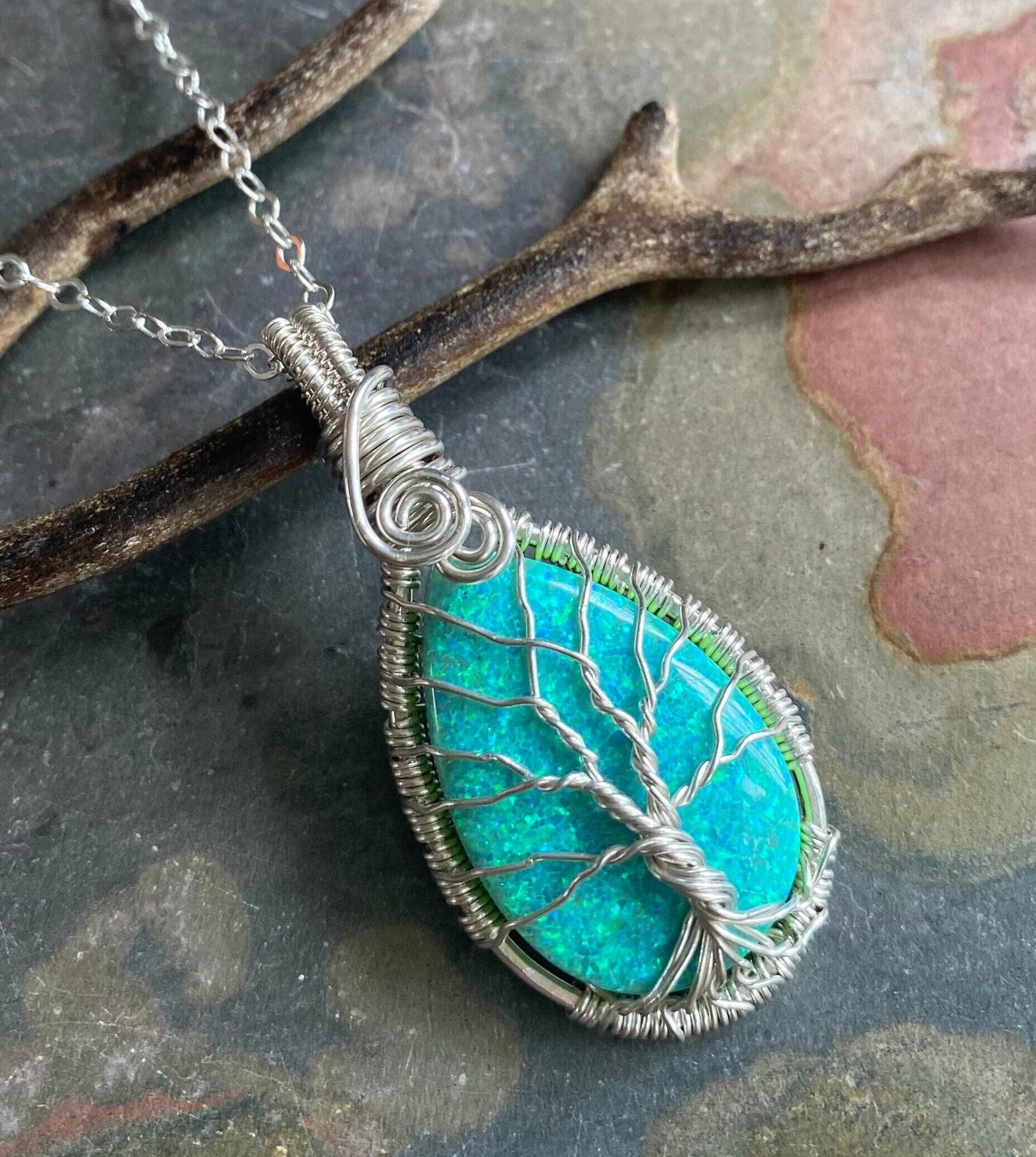 Ready Ship in 1 to 2 days, Aqua Blue Opal Necklace, Lab Created Opal Tree of Life Jewelry, October Birthstone Jewelry,