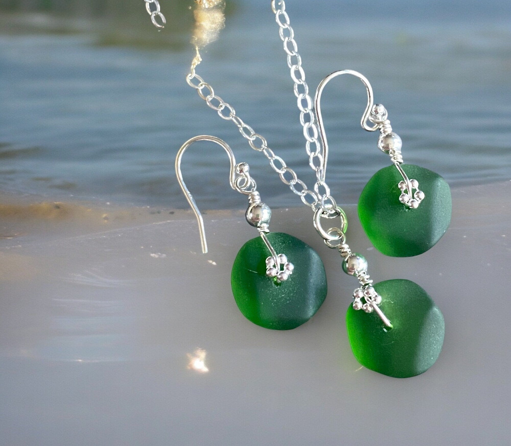 Green Beach Glass Jewelry, Shamrock Green Sea Glass Necklace and Earrings in Sterling Silver, Sea Glass Necklace, Sea Glass Jewelry SET,
