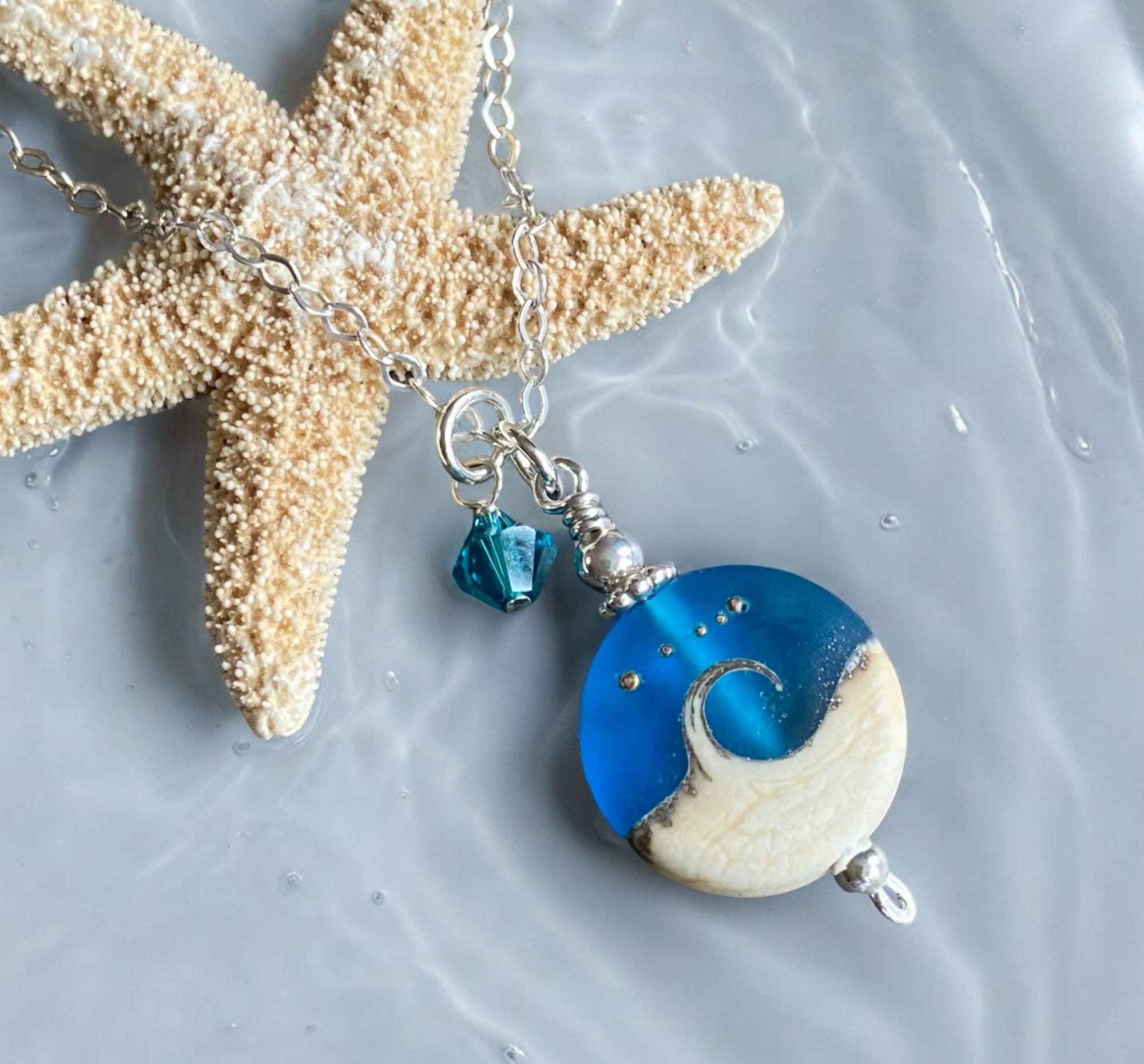 Blue Beach Wave Necklace in .925 Sterling Silver, Ocean Wave Necklace, Blue Beach Wave Sea Glass Necklace ,Wave Lampwork Pendant Necklace