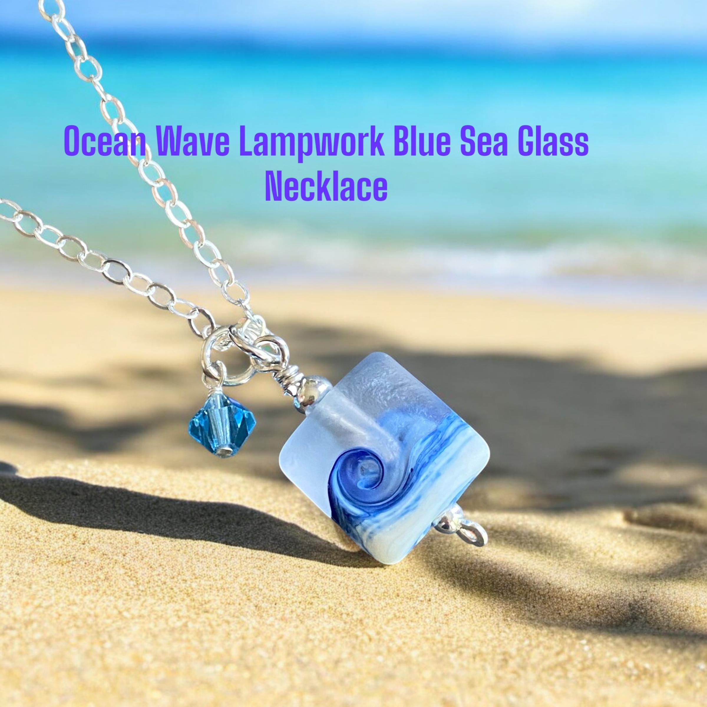 Ocean Beach Wave Necklace, Blue Beach Wave Necklace,Ocean Wave Lampwork Pendant, Beach Wave Jewelry, Blue Sea Glass Necklace sterling silver