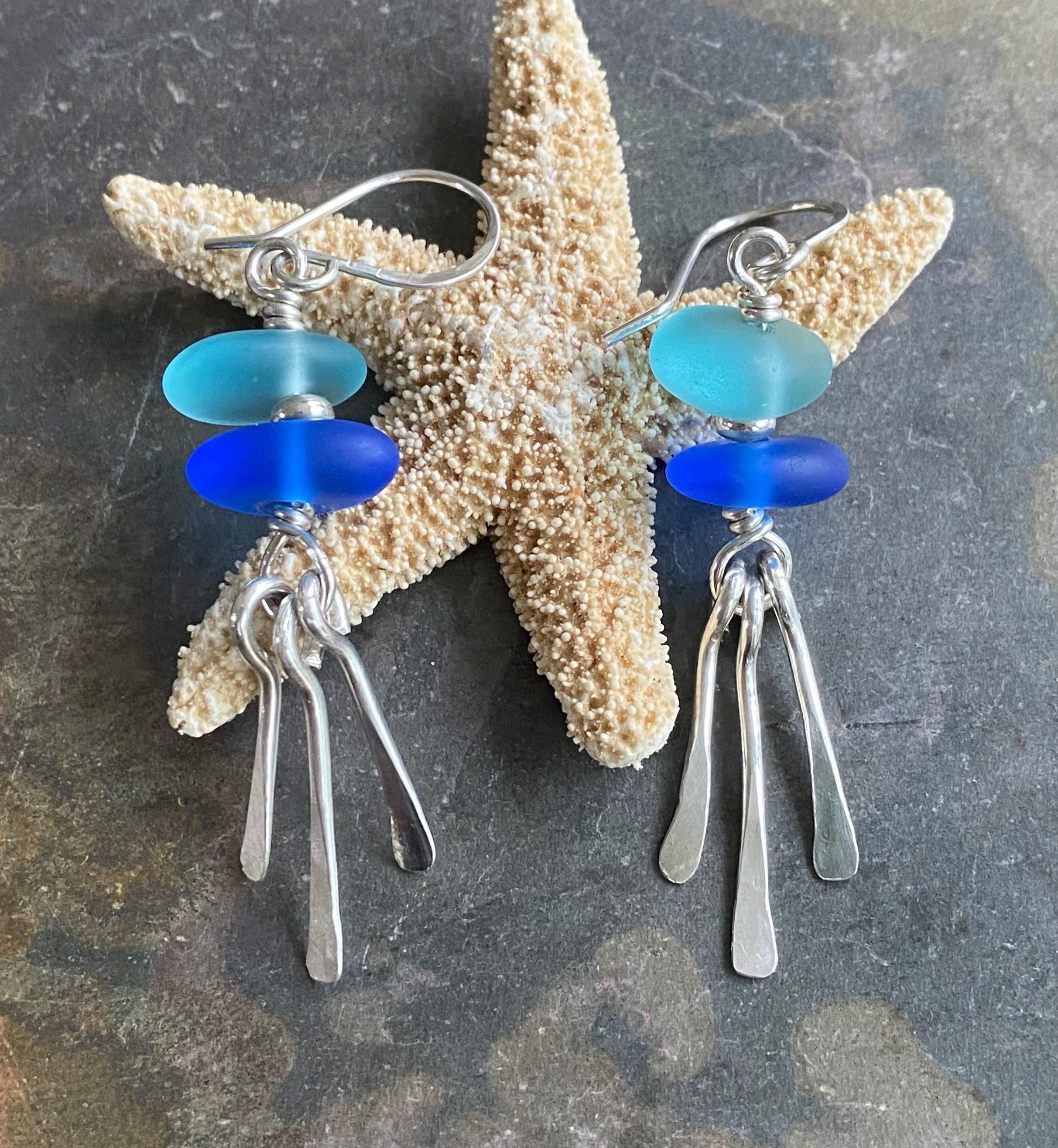 Blue Sea Glass Earrings, Beach Glass Dangling Earrings with Paddle shape Charms, .925 Sterling Silver Earrings, Beach Glass Jewelry for Her