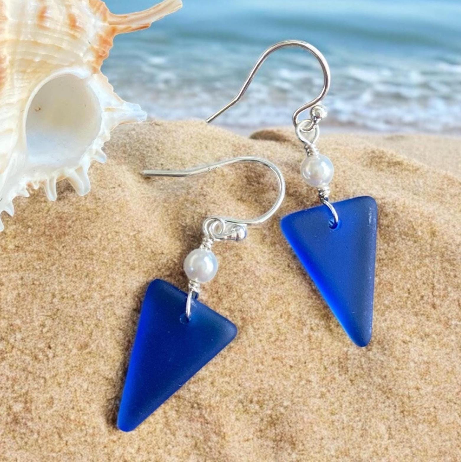 Blue Sea glass Triangle designed Earring in Sterling Silver, Wire Wrapped Sea Glass Earrings, Everyday Casual Dangling Blue Earrings,