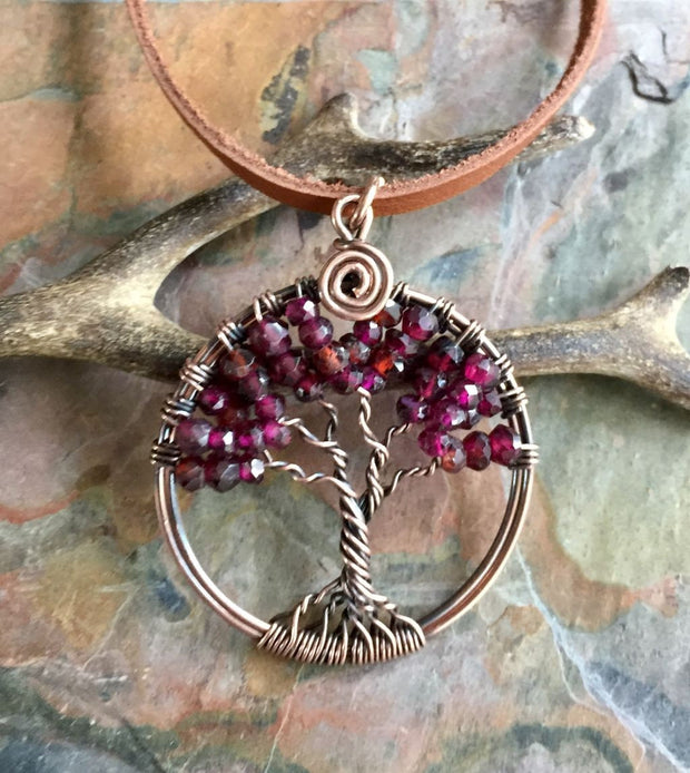 Garnet Necklace,Garnet tree of Life Necklace Antiqued Copper, Wire Wrapped   RHODOLITE GARNET Tree of Life, January Birthstone Tree of Life