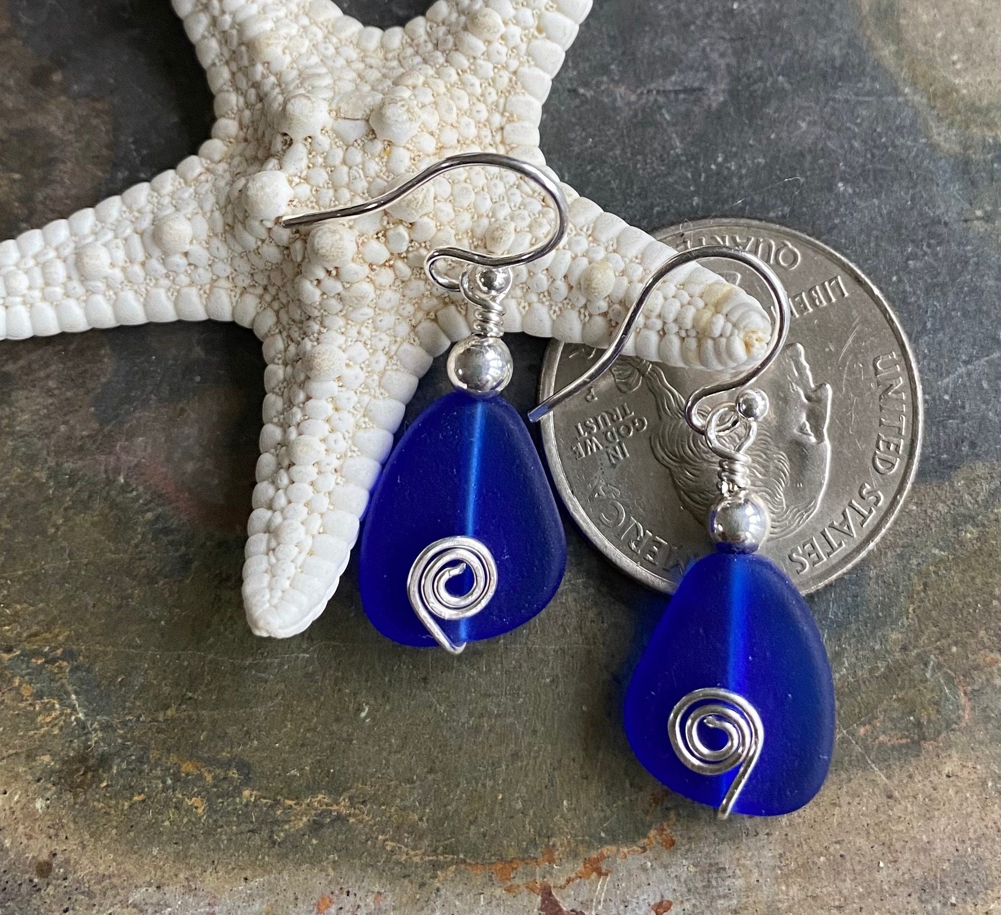 Blue Sea Glass Earrings, Cobalt Blue Sea Glass Earrings in STERLING SILVER, Beach Weddings, Beach Glass Jewelry, Cobalt Sea glass Earrings,