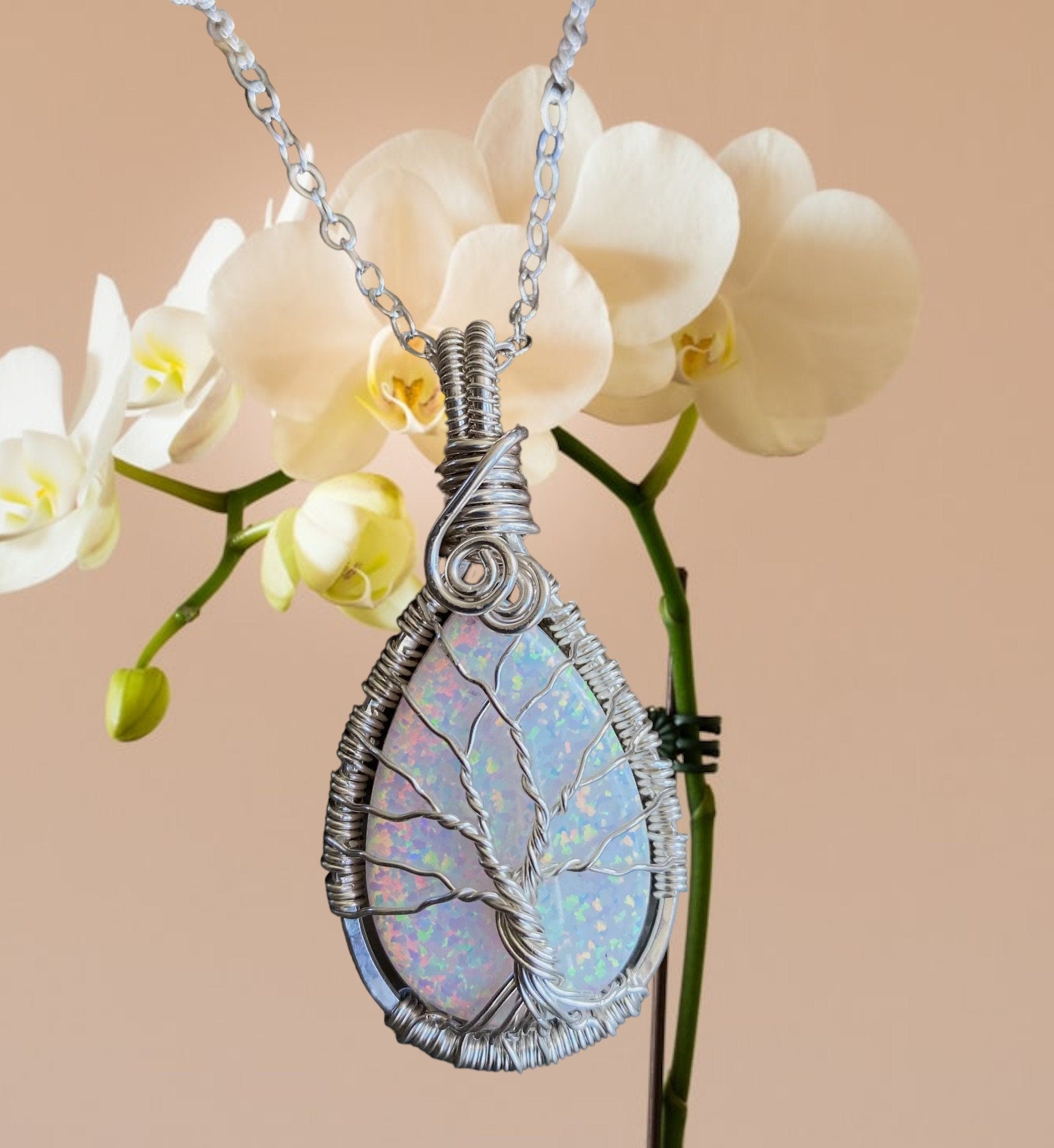 Opal Pendant, Fast READY Ship in 1 to 2 days, STERLING SILVER White Opal Necklace, October Birthstone Necklace, Opal Tree of Life Necklace