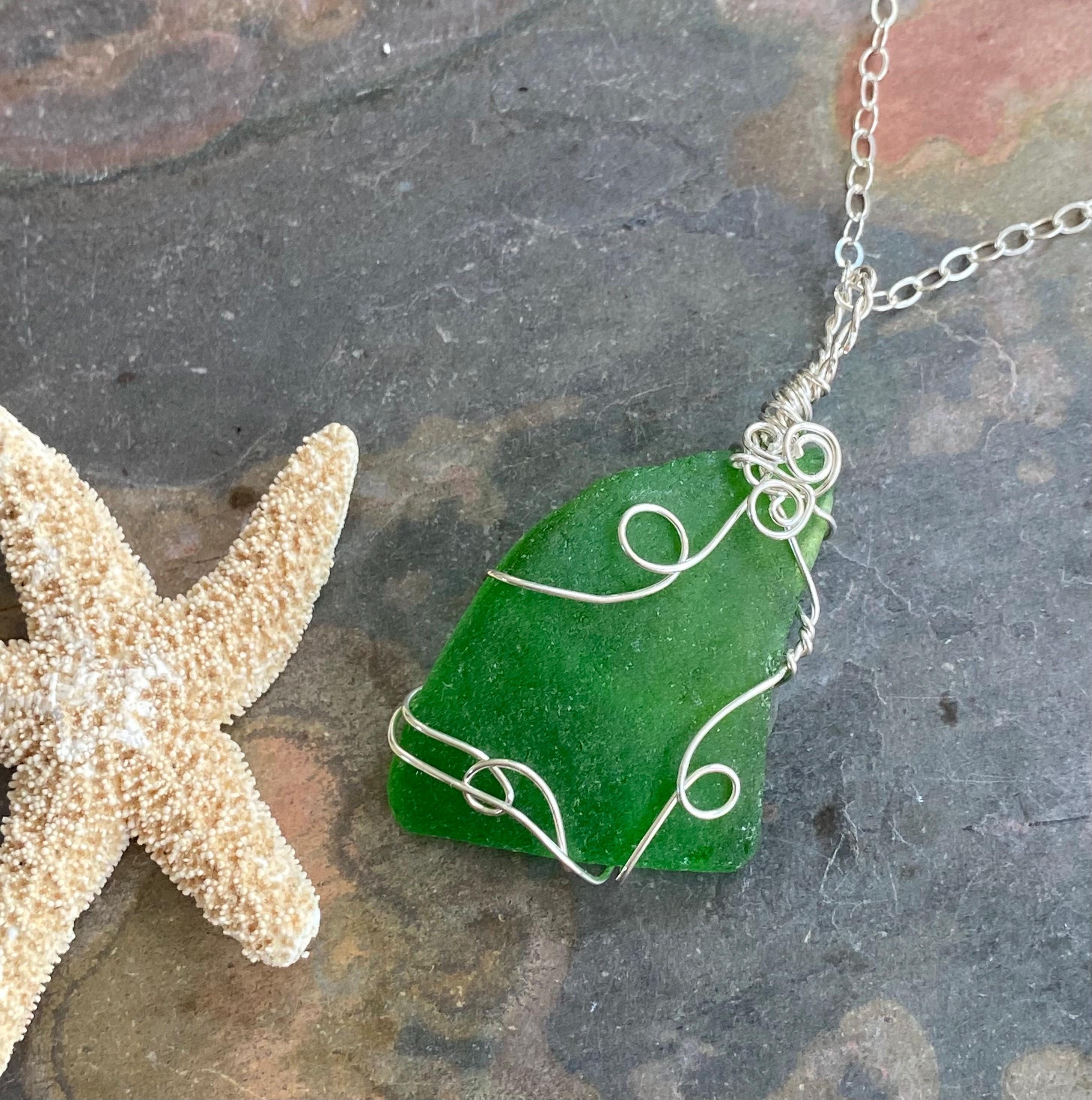 Green Beach Glass Necklace in Sterling Silver, Wire Wrapped Genuine Green Beach Glass Necklace, Sea Glass Jewelry, Ocean Treasure Necklace