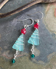 Christmas Tree Earrings, Seafoam Green Sea Glass Christmas Dangle Earrings,
