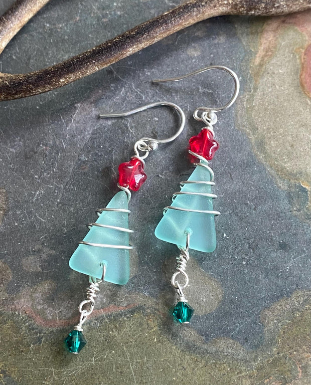 Christmas Tree Earrings, Seafoam Green Sea Glass Christmas Dangle Earrings,