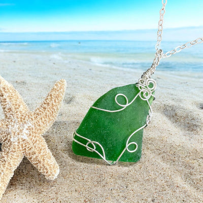 Green Beach Glass Necklace in Sterling Silver, Wire Wrapped Genuine Green Beach Glass Necklace, Sea Glass Jewelry, Ocean Treasure Necklace