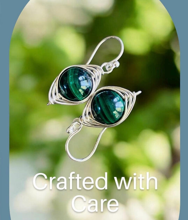 May Birthstone Malachite Earrings in Gold, Hand Wire Wrapped Malachite Dangling Earrings in Natural Copper, Green Malachite Gold Jewelry,