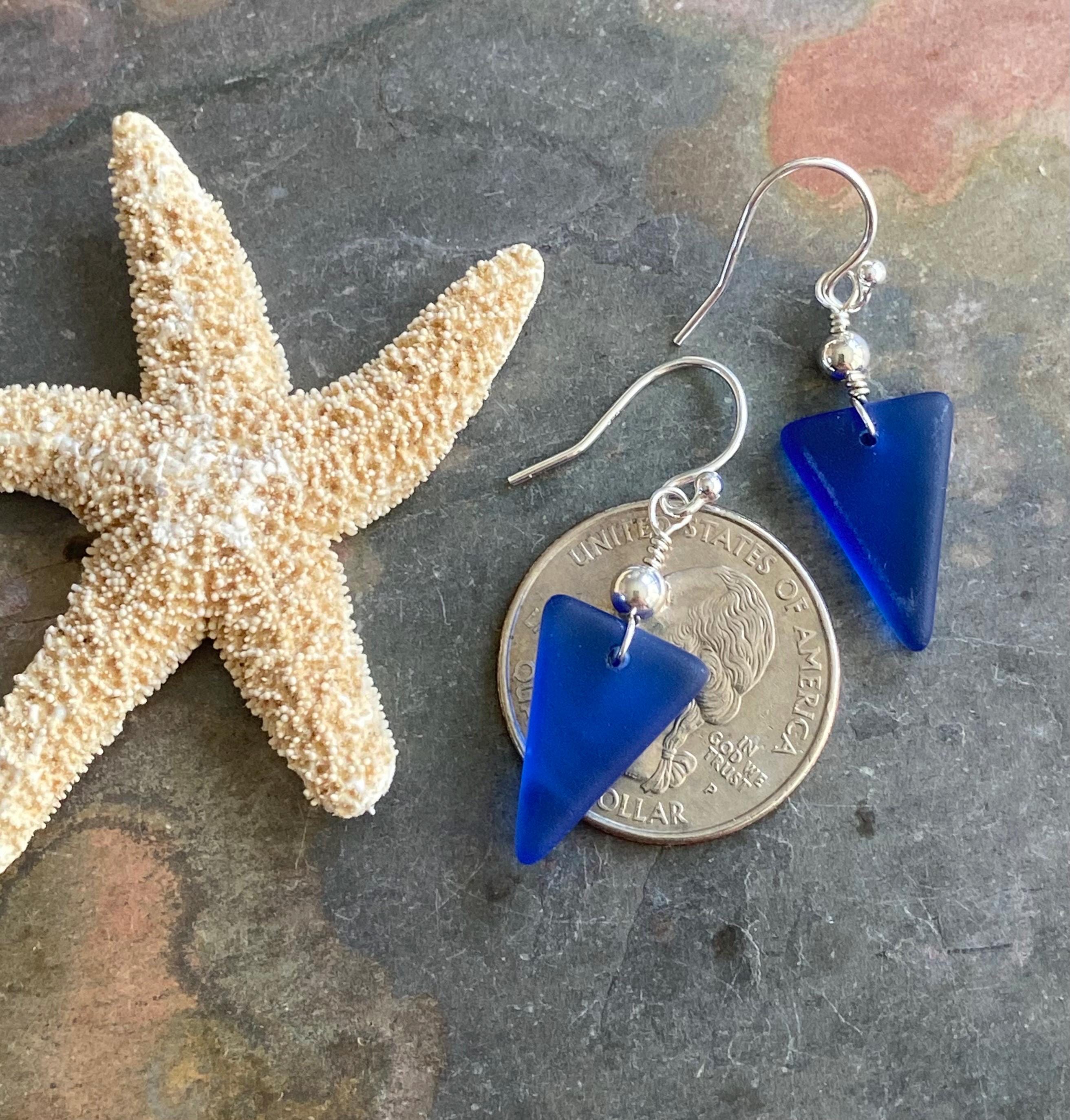 Blue Sea glass Triangle designed Earring in Sterling Silver, Wire Wrapped Sea Glass Earrings, Everyday Casual Dangling Blue Earrings,