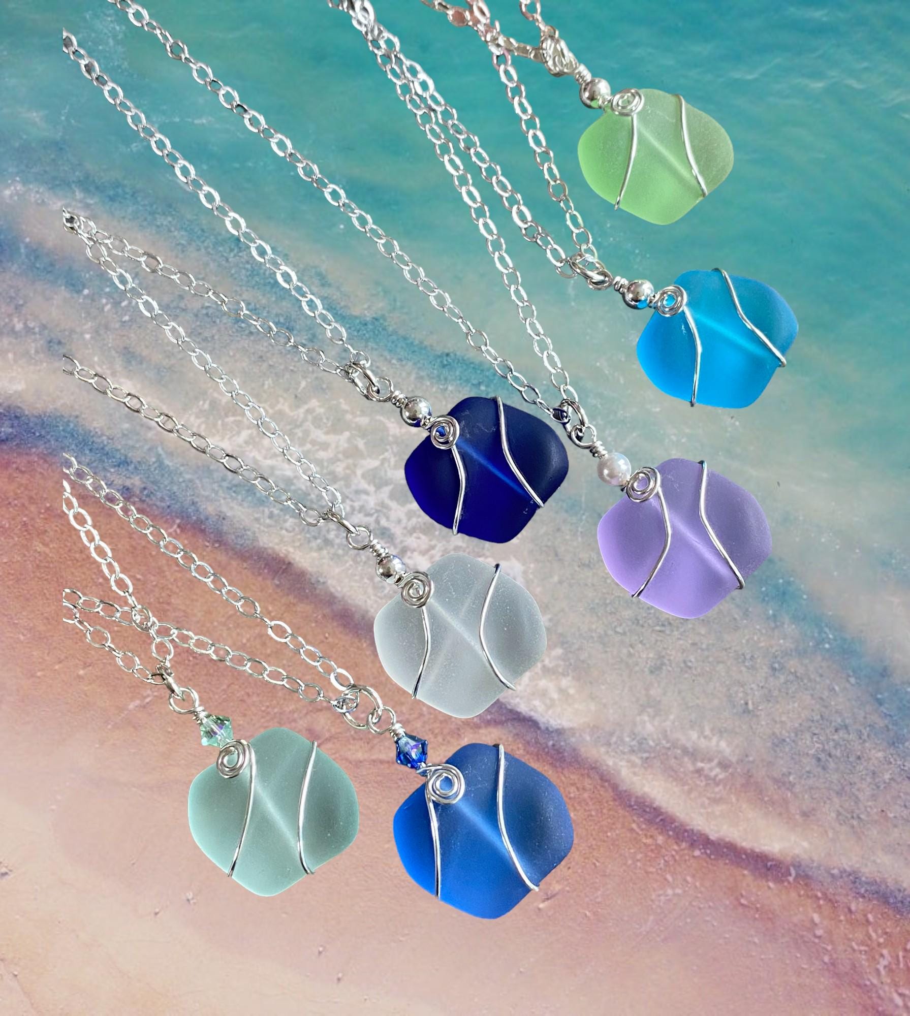Wire Wrapped Sea Glass Necklace in Sterling Silver, Sea Glass Wavey design Blue, Green, Periwinkle Necklace, Ocean inspired Jewelry