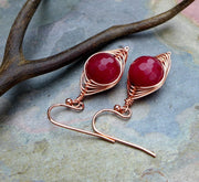 Jade Earrings in Copper, Wire Wrapped Earrings, Red Jade Herringbone Dangle Earrings in Copper, Red Jade Copper Earrings,