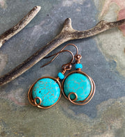 Wire Wrapped Turquoise Earrings, Howlite Turquoise Gemstone Herringbone Dangle Earrings in Copper, Gemstone Copper Earrings,