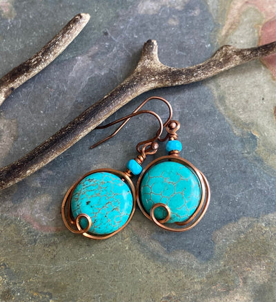 Wire Wrapped Turquoise Earrings, Howlite Turquoise Gemstone Herringbone Dangle Earrings in Copper, Gemstone Copper Earrings,