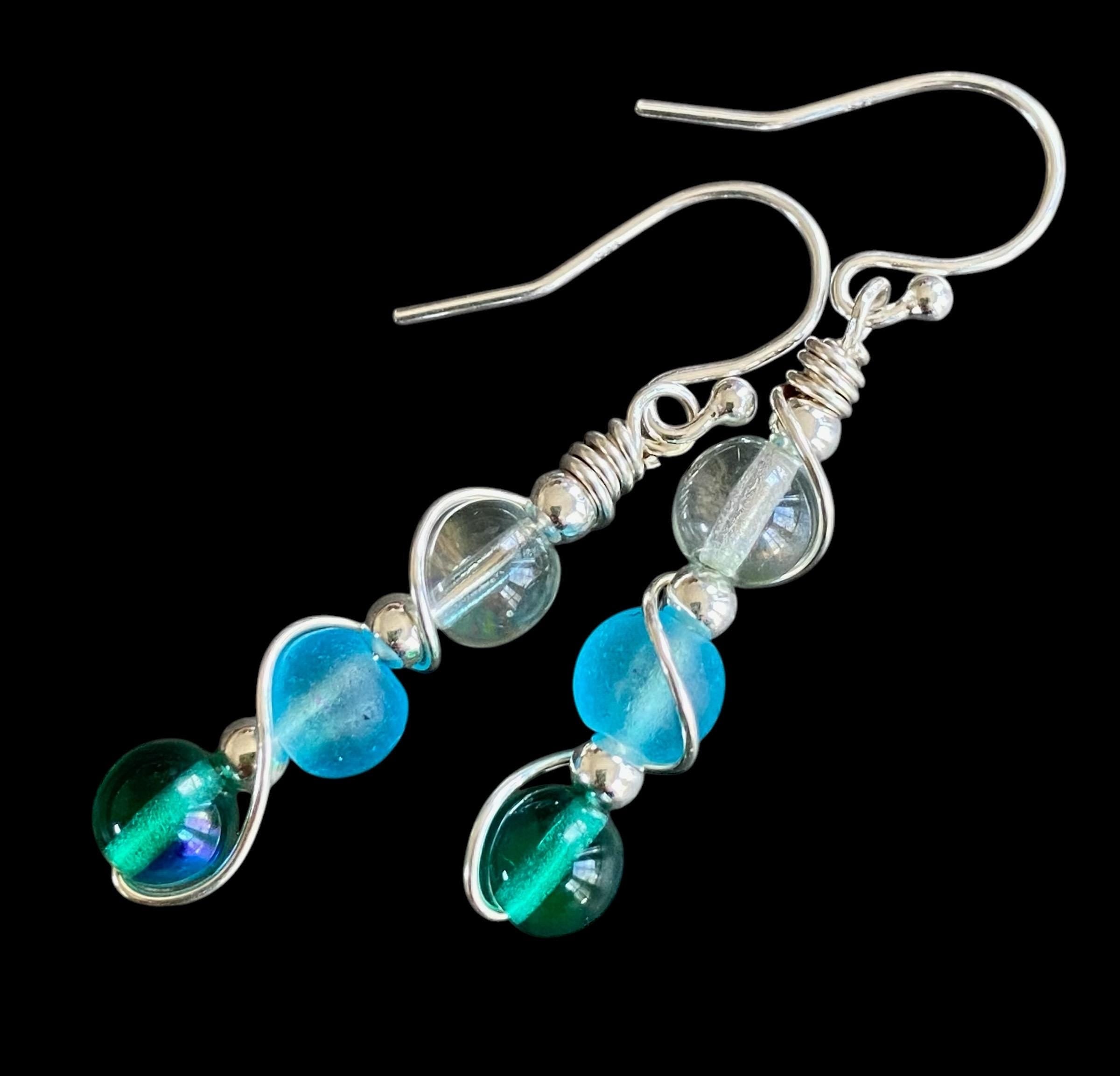 Wire wrapped Sea Glass Jewelry in Sterling Silver, Sea Glass Silver Earrings, Dangling Earrings ,Beach Weddings, Sea Glass  earrings