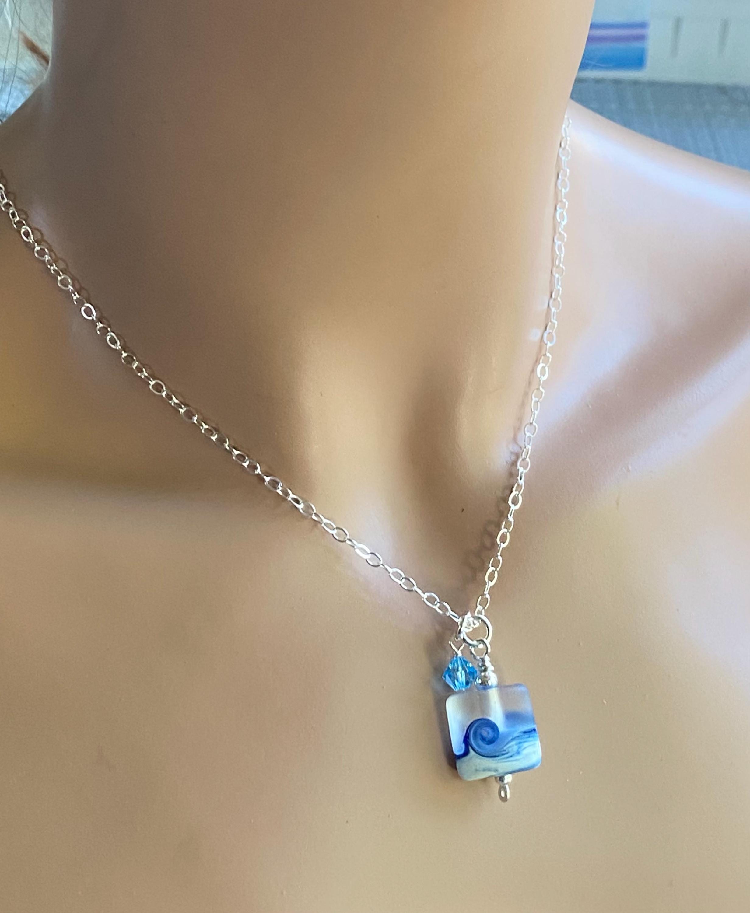Ocean Beach Wave Necklace, Blue Beach Wave Necklace,Ocean Wave Lampwork Pendant, Beach Wave Jewelry, Blue Sea Glass Necklace sterling silver