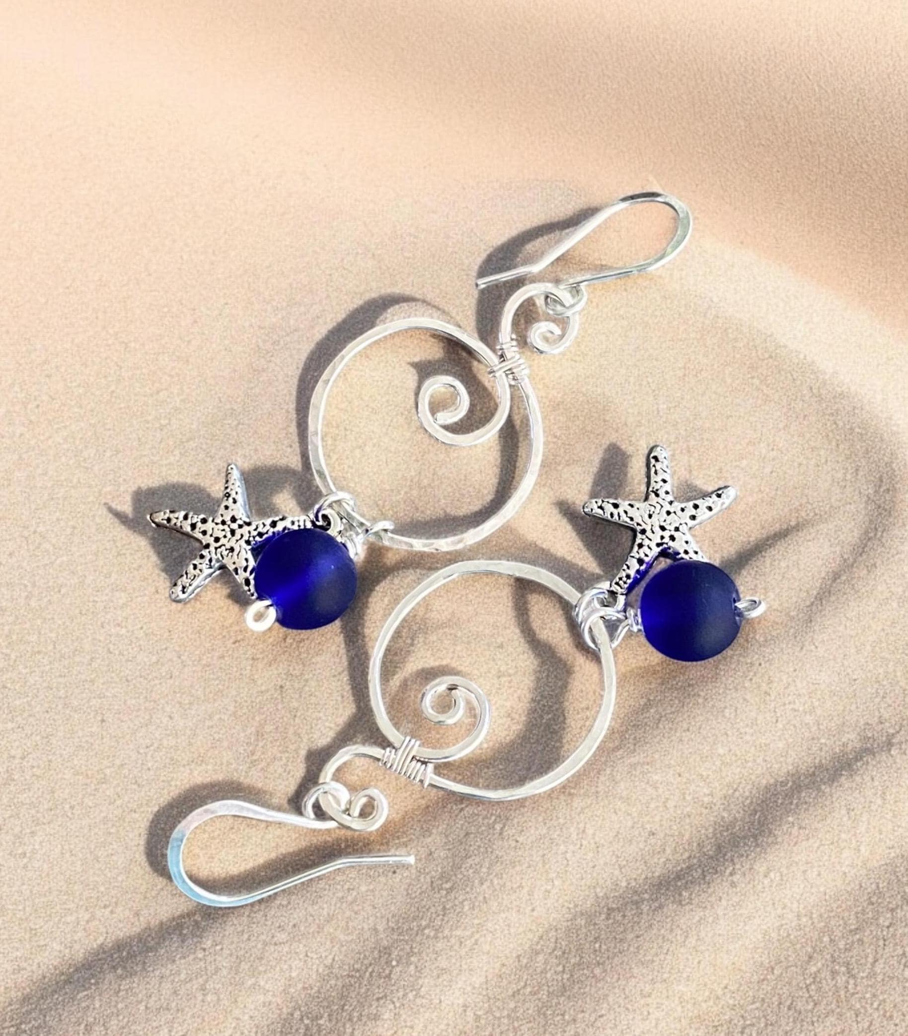 Blue Sea Glass Starfish Silver Charm Dangling Earrings, Spiral Design Sea Glass Nautical Design Earrings, Coastal Ocean Theme Earrings