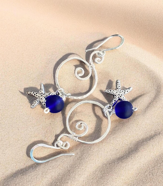 Blue Sea Glass Starfish Silver Charm Dangling Earrings, Spiral Design Sea Glass Nautical Design Earrings, Coastal Ocean Theme Earrings