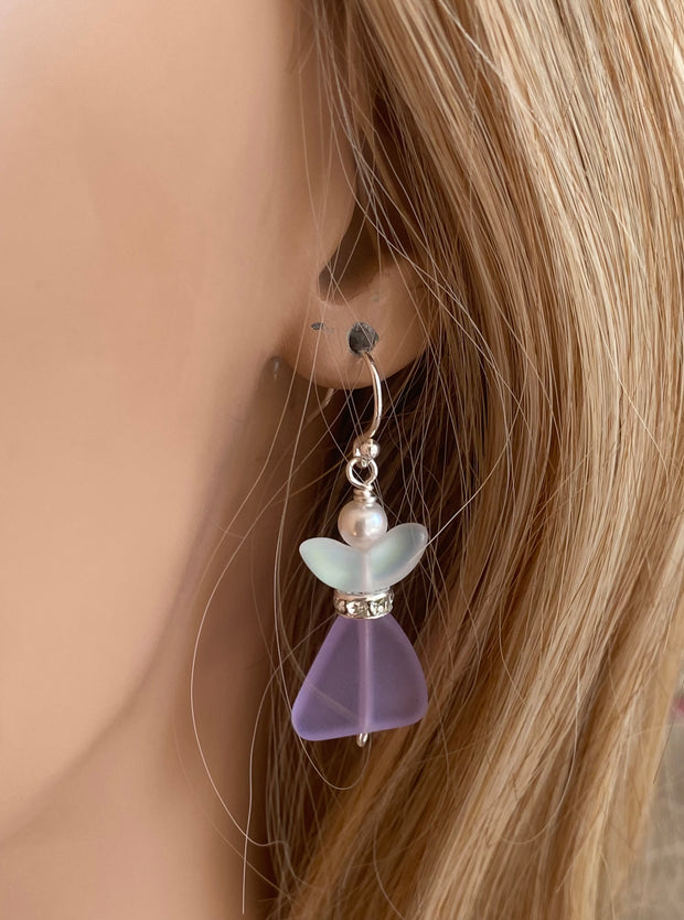 Angel dangling earrings, Sea Glass Angel Guardian Earrings
