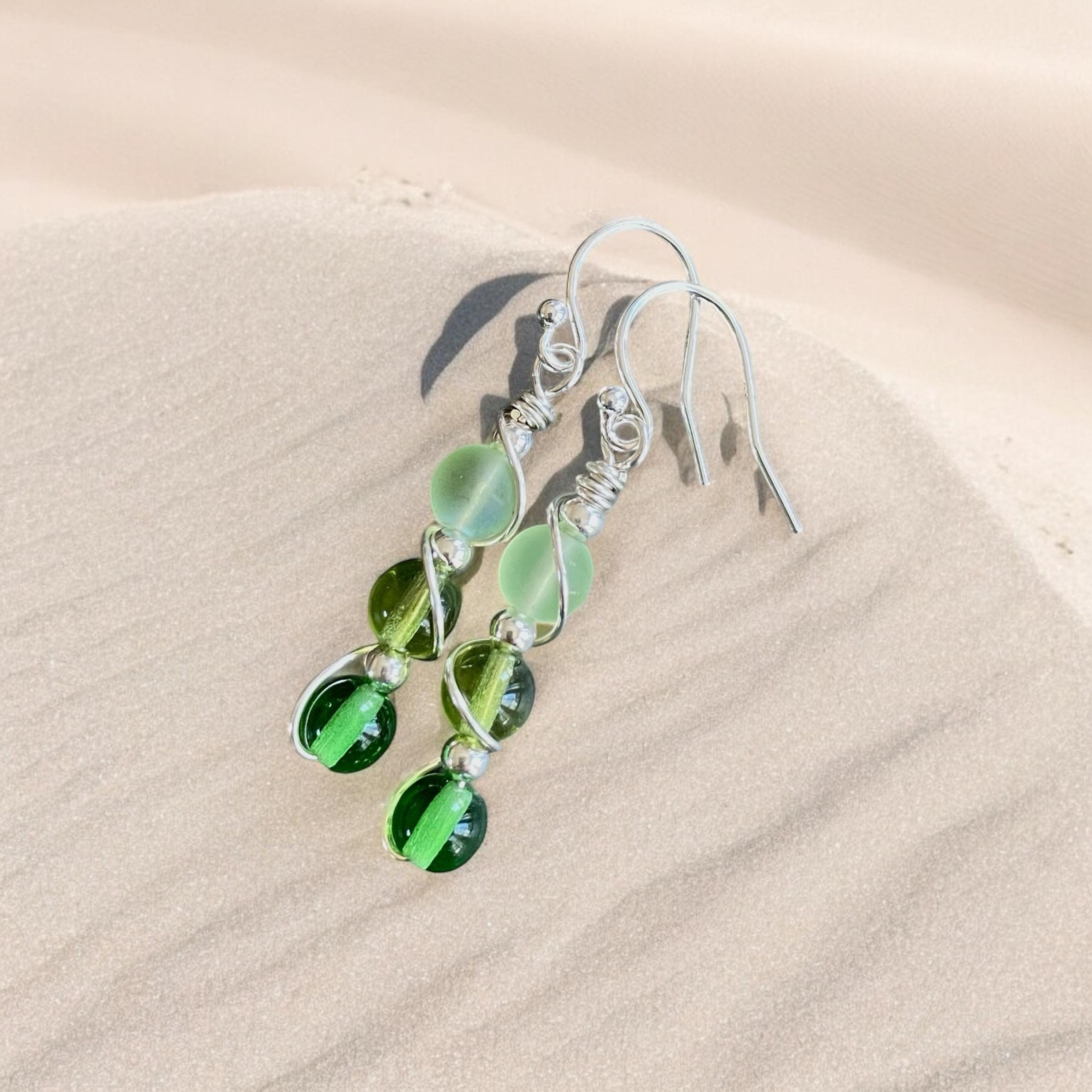 Wire wrapped Sea Glass Jewelry in Sterling Silver, Sea Glass Silver Earrings, Dangling Earrings ,Beach Weddings, Sea Glass  earrings