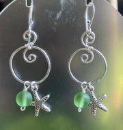 Spiral Sea Glass Earrings with Starfish Silver Charm, Spiral Dangle Earrings, Spiral Green Sea Glass Nautical Earrings, Ocean Theme Earrings