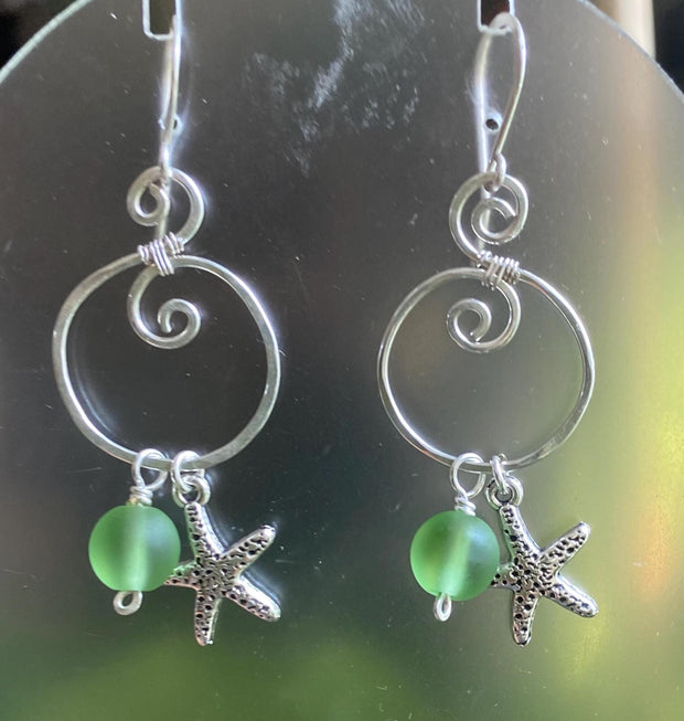 Spiral Sea Glass Earrings with Starfish Silver Charm, Spiral Dangle Earrings, Spiral Green Sea Glass Nautical Earrings, Ocean Theme Earrings