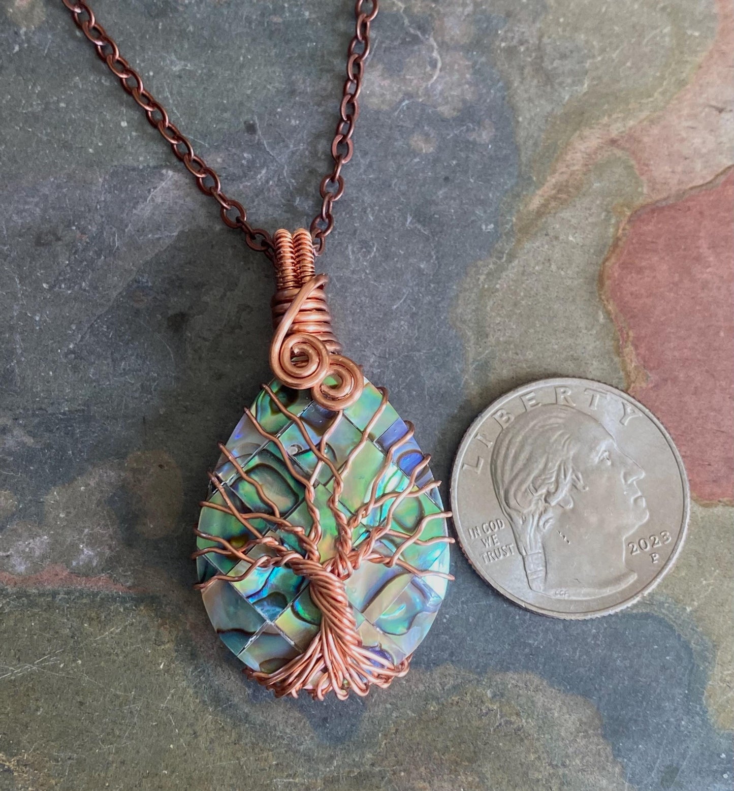 Frameless Abalone Necklace, Wire Wrapped Abalone Pendant,Abalone Tree of Life Necklace  Leather,Abalone Necklace Copper,Paua Shell Jewelry