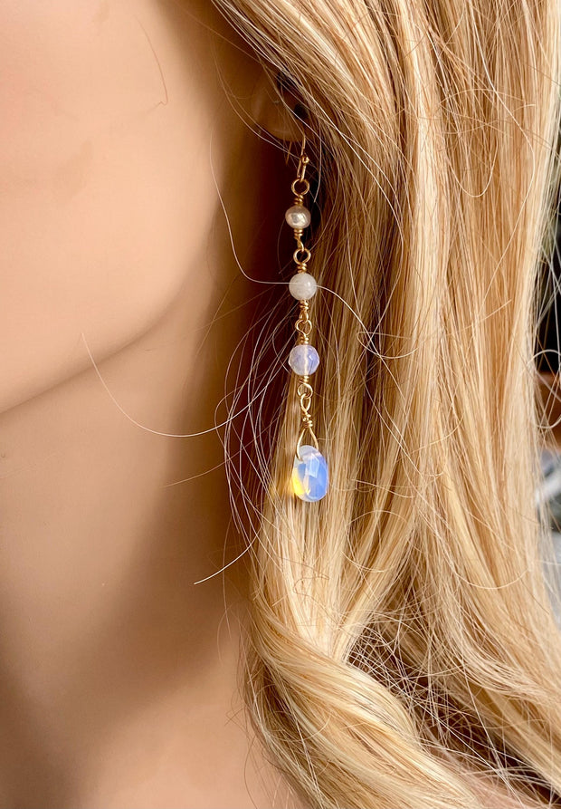 Handmade Moonstone, Pearl & Opalite in Gold Long Dangle Earrings, Elegant Moonstone Long Earrings, June Birthstone Gift for Her