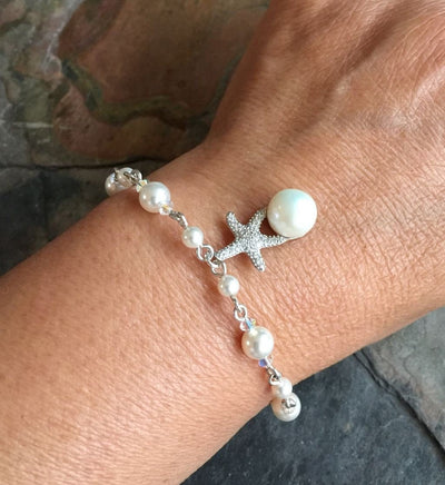 Starfish Charm Pearl Crystal Bracelet,Beach Starfish Necklace & Earrings, Starfish Ocean theme jewelry,Bridal Bracelet, Bridesmaid bracelet