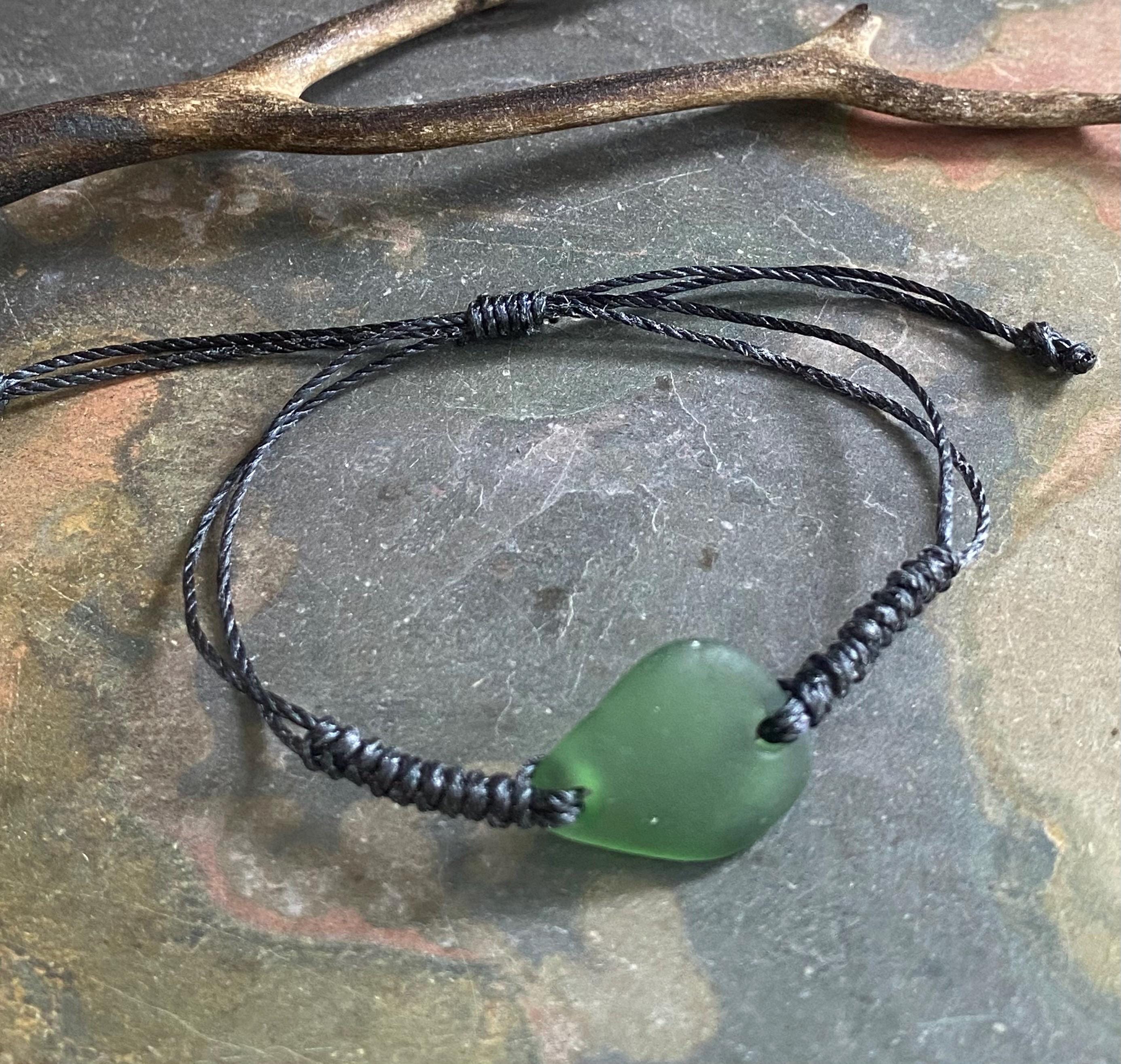 Handmade Macrame Sea Glass Bracelet, Hunter Green Sea Glass Bracelet, Adjustable Sea Glass Macrame Bracelets, Surfer's Sea Glass Bracelet