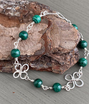 Clover Bracelet Malachite in Sterling Silver, Wire Wrapped Celtic Clover Bracelet,