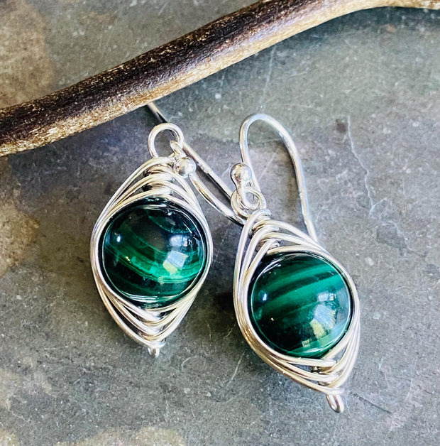 May Birthstone Malachite Earrings in Gold, Hand Wire Wrapped Malachite Dangling Earrings in Natural Copper, Green Malachite Gold Jewelry,