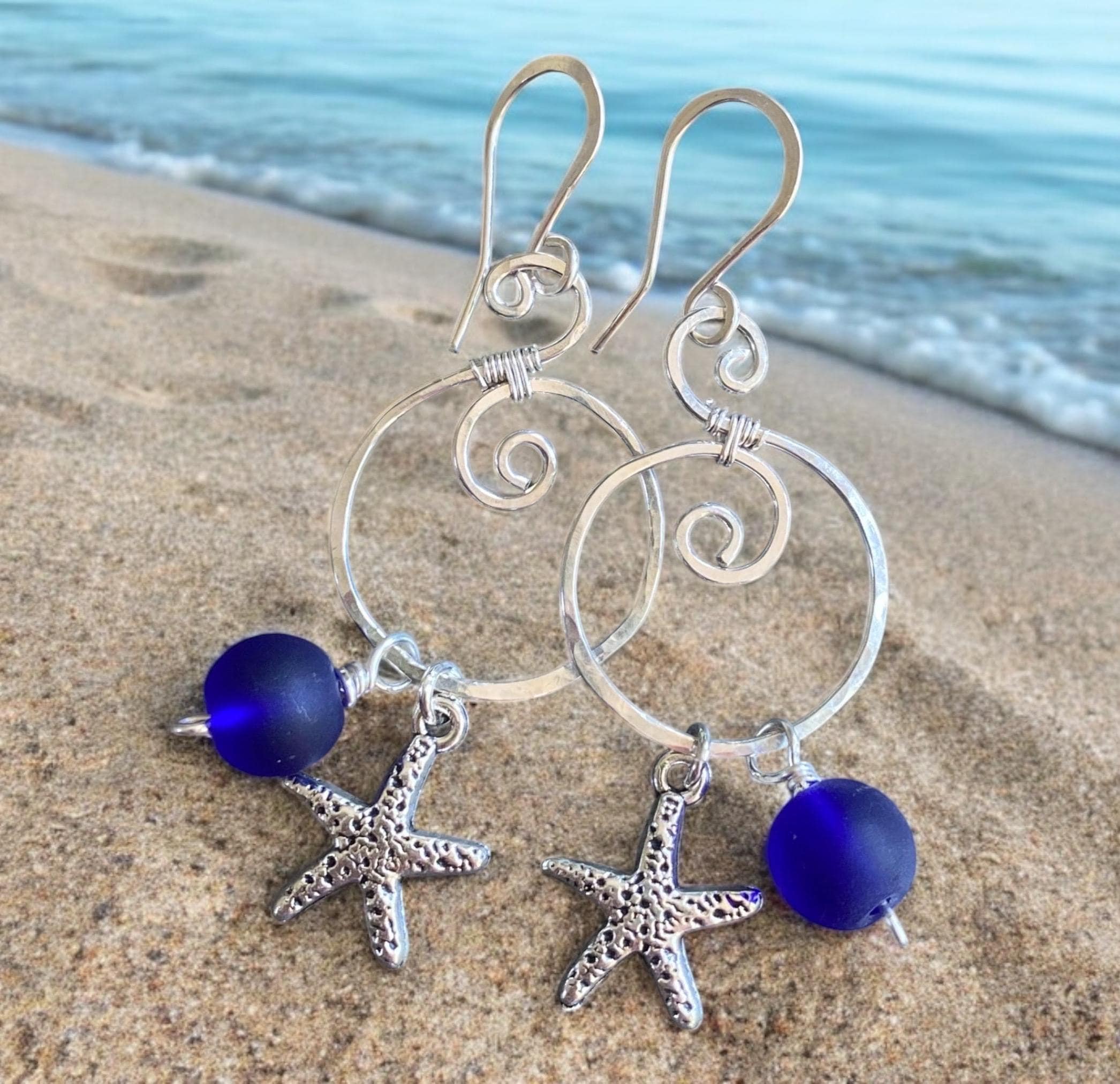 Blue Sea Glass Starfish Silver Charm Dangling Earrings, Spiral Design Sea Glass Nautical Design Earrings, Coastal Ocean Theme Earrings
