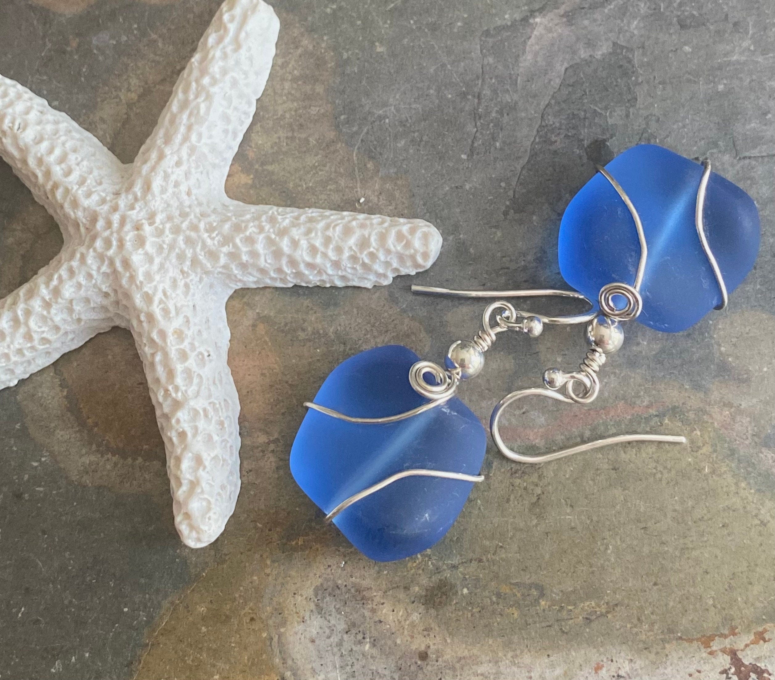Sterling Silver Blue Sea Glass Earrings,Sky Blue Sea Glass Earrings, Blue Sea Glass Earrings, Beach Jewelry,  Blue  Glass Dangling  Earrings