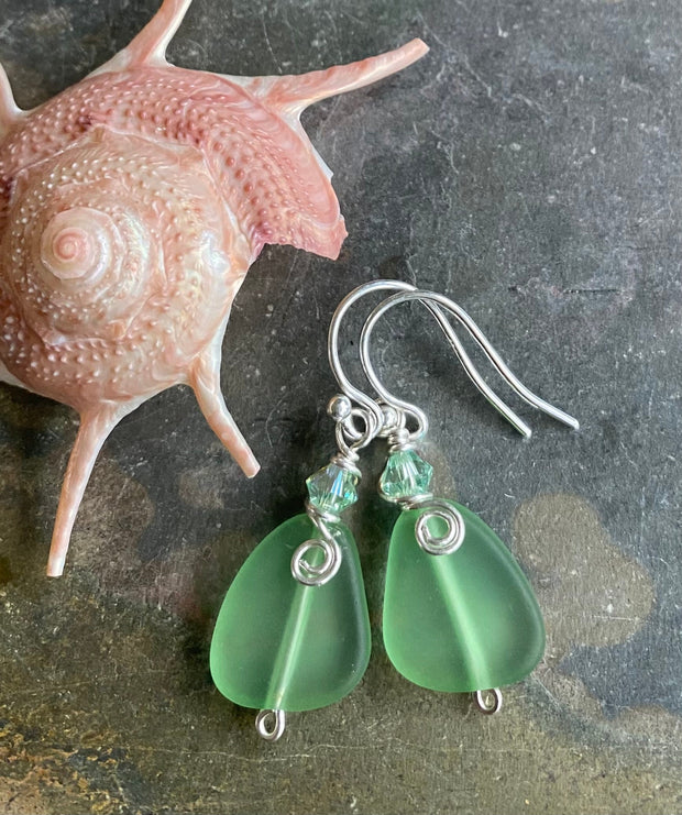 Green SeaGlass Earrings in Sterling Silver, Light Green Sea Glass Earrings, Beach Weddings, Beach Glass Jewelry, Peridot Sea glass Earrings