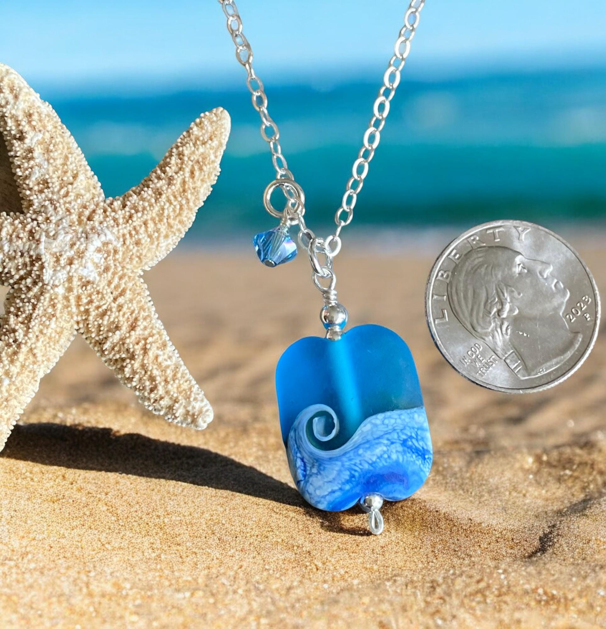 Sterling Silver Ocean Wave Necklace, Lampwork Glass Ocean Wave Necklace, Blue Beach Wave Necklace, Beach Wave Jewelry , Nautical Jewelry