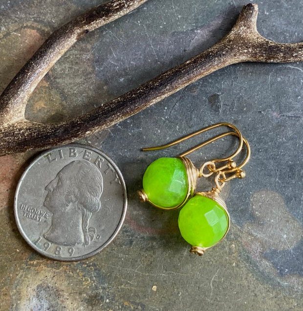 Jade Earrings in Gold, Wire Wrapped Lime green color Jade Earrings,Wire Wrapped dangle  Earrings  Wire wrapped Jade Earrings,