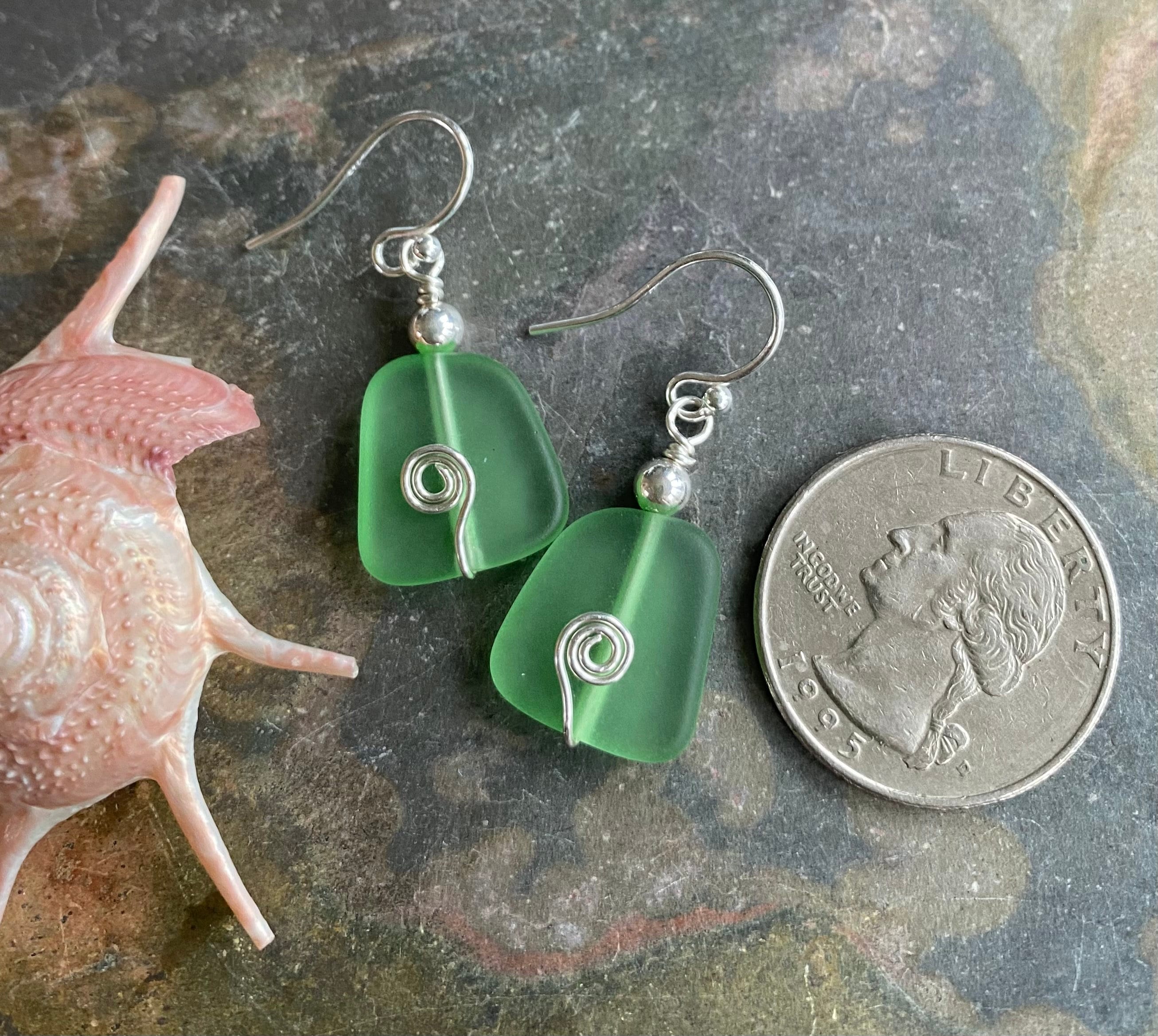 STERLING SILVER Green Sea Glass Earrings, Light Green  Sea Glass Earrings, Beach Weddings, Beach Glass Jewelry, Peridot Sea glass Earrings,