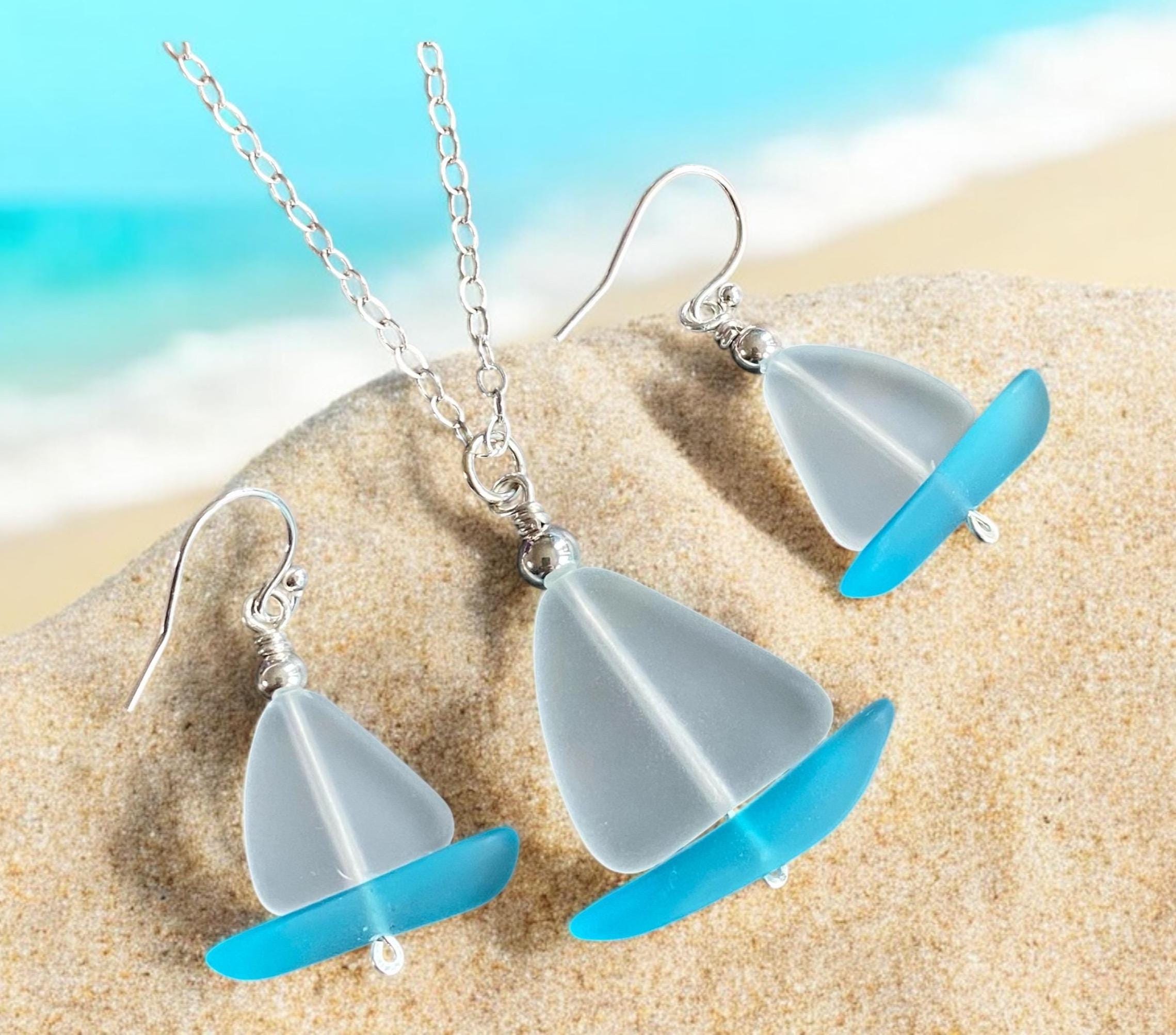 Nautical White Sea Glass Sailboat Necklace & Earring SET in Sterling Silver, Ocean-Inspired Beach Glass Sailboat Necklace and Earring SET,
