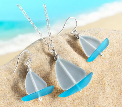 Nautical White Sea Glass Sailboat Necklace & Earring SET in Sterling Silver, Ocean-Inspired Beach Glass Sailboat Necklace and Earring SET,