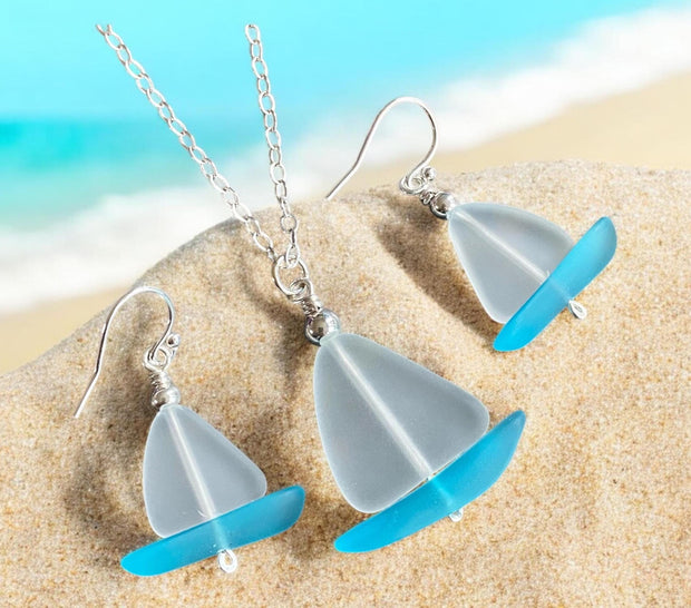 Nautical White Sea Glass Sailboat Necklace & Earring SET in Sterling Silver, Ocean-Inspired Beach Glass Sailboat Necklace and Earring SET,
