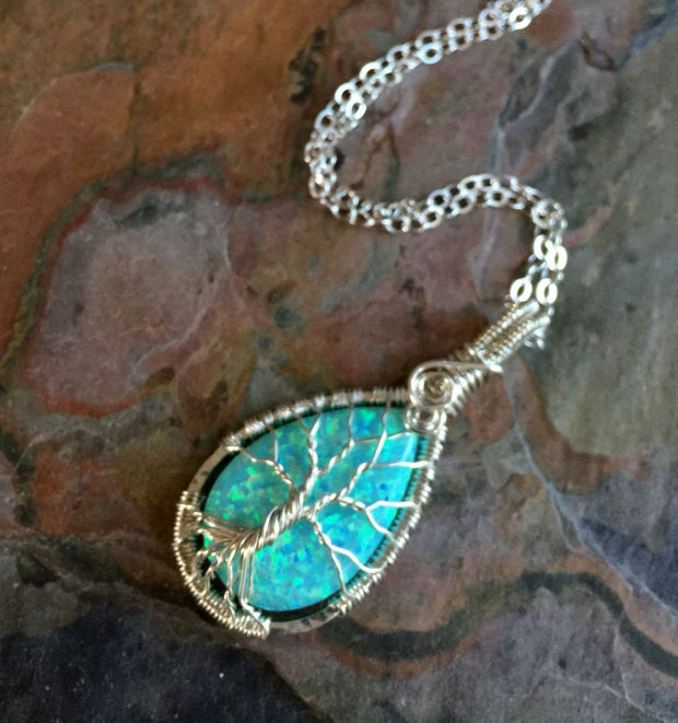 Aqua Blue Opal Necklace, Wire Wrapped Opal Tree of Life Necklace,