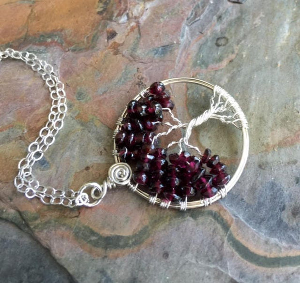 Sterling Silver Garnet Necklace,Garnet Tree of Life Necklace with .925 Sterling Silver Chain, January Birthstone Tree of Life, Gifts for Her