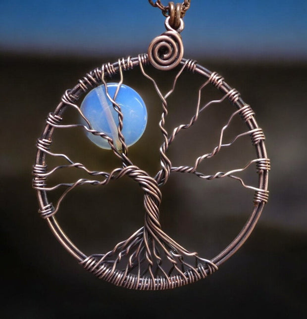 Blue Opalite Full Moon Tree of Life Pendant in Antiqued copper - Wire Wrapped Full Moon Tree of Life Pendant Necklace, Opalite Moon Tree