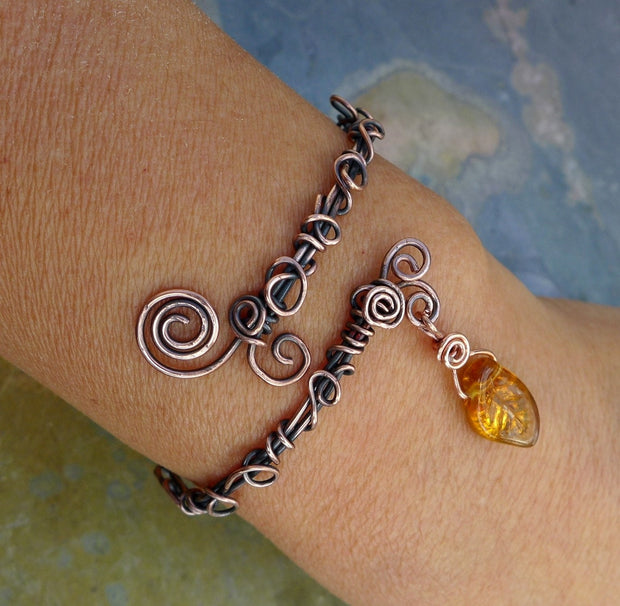 Wire Wrpped Antiqued Copper Bracelet ,Adjustable  Wire Wrapped bracelet,Copper Bangle/Cuff Filigree  bracelet Filigree Leaf  Vine Bracelet