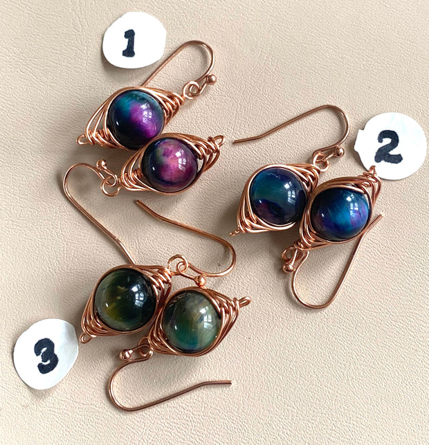 Tiger Eye Earrings, Wire Wrapped Cat Eye Aurora Tiger Eye Dangle Earrings, Gemstone Earrings, Orange Fire Agate Gemstone Earrings,