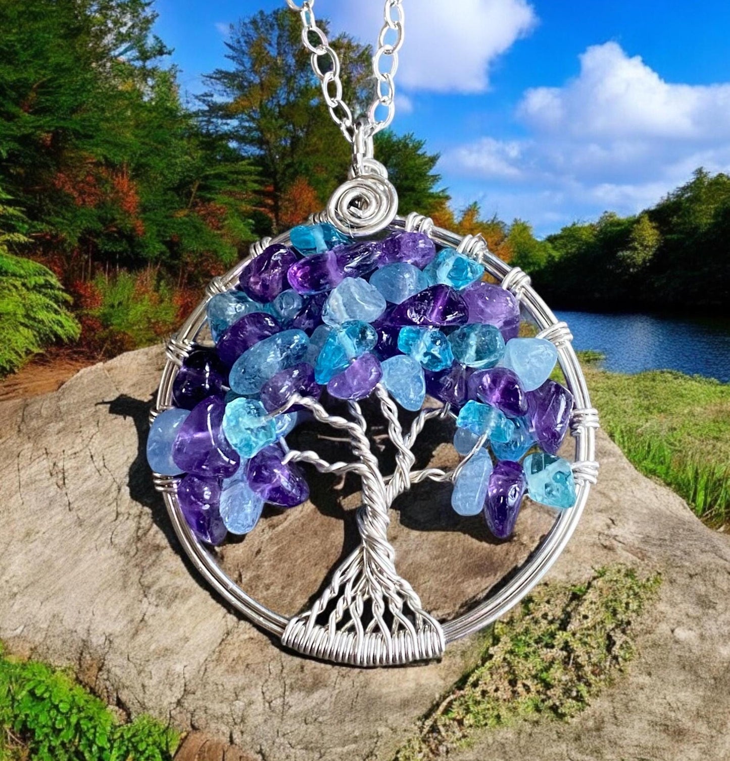Birthstone Tree of Life necklace with amethyst and aquamarine, Amethyst and Aquamarine Tree of Life, Customizable Tree of Life necklace