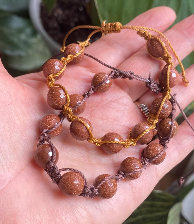 Macramé Goldstone Bracelet with Sliding Knot ,Bohemian Design Jewelry, Boho Style Stone Beaded Adjustable  Bracelet, Brown Bracelet,